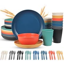 LAERJIN 56 Piece Wheat Straw Dinnerware Sets, Service for 8, Unbreakable Reusable Dinnerware Set,Dishwasher & Microwave Safe Plates and Bowls Sets, for Apartment Essentials, Outdoor Camping, Colourful