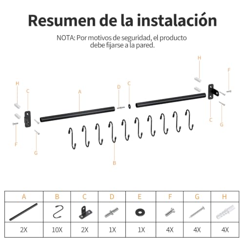 Miniatura 5 de Kingrack Percha De Cocina Y Barra Colgante, Toallero De Baño, Colgador De Pared, Organizador Para Cuchillos, Ollas Y Sartenes, Con 10 Ganchos En S