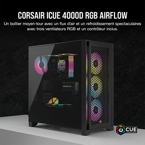 Boîtier ATX Semi-Tour Corsair 4000D RGB, Acier allié, Noir