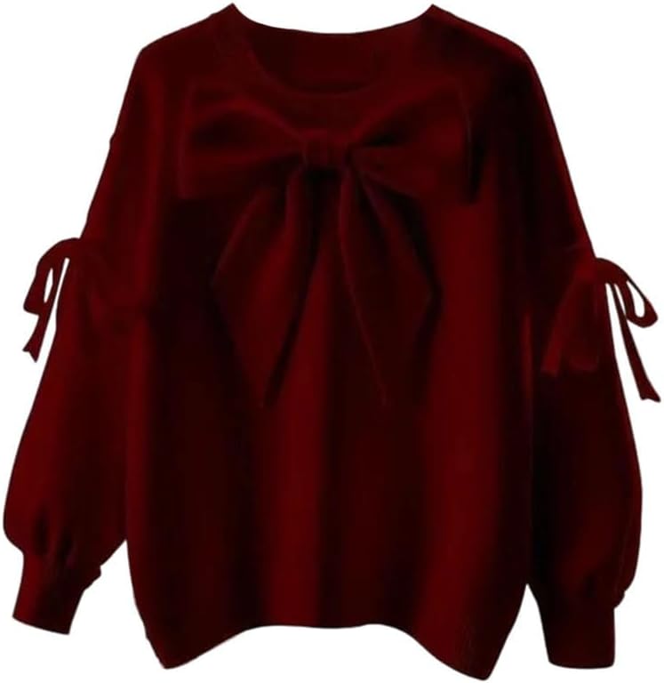 Women's Round Neck Knitted Top Bow Knitted Pullover Shirt Women Spring Fall Sweater