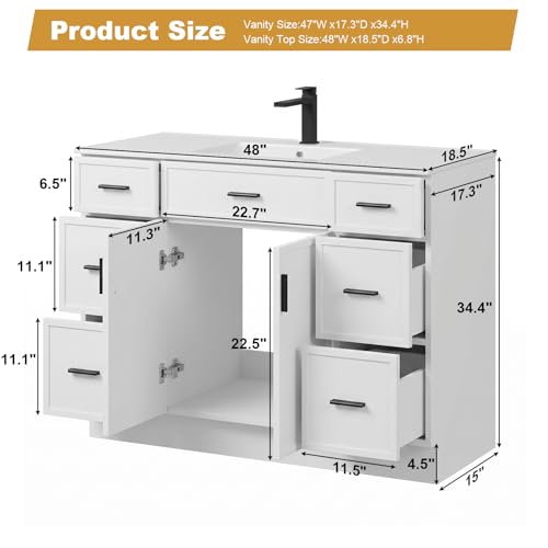 Image of 48 Inch Bathroom Vanity with Sink, Modern Farmhouse Bathroom Vanity Cabinet, Freestanding Bathroom Vanity with 2 Soft Closing Doors & 6 Drawers, Bathroom Sink Storage Cabinet, White(48 inch)