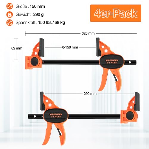 JORGENSEN Einhandzwingen 4 Stück, Profi Schraubzwingen Set 2 in 1 kombinierbar zum Spannen Dehnen, Spannweite 150/420mm, Spannkraft 68kg für stabiles Fixieren von Holz Möbel mit einer Hand