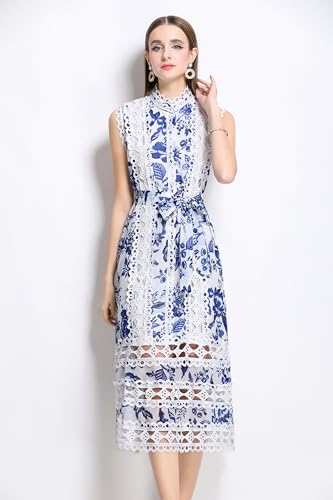 Image of LAI MENG FIVE CATS Women's Sleeveless Hollow Out Lace Button Up Casual Midi Party Dress with Belt