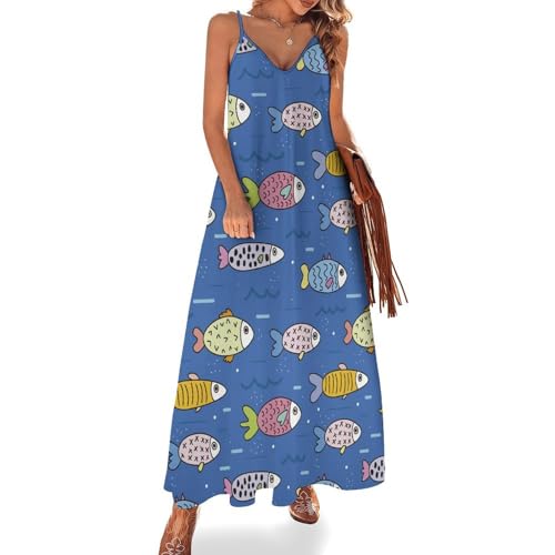 Robe longue femme ete sans manches Poisson Mignon style maxi