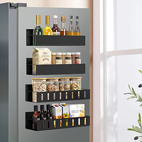 SZJHXIN 4 Pack Magnetic Spice Rack Organizer, Refrigerator Magnetic Shelf Space Saver for Fridge and Microwave Oven, Metal Black