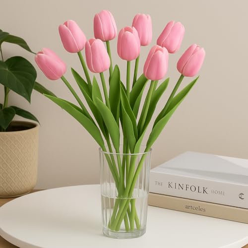 Image of Xtore inchSilk Tulip Bunch - Realistic Pink Artificial Flowers for Home Decor (Pack of 10, Pink)