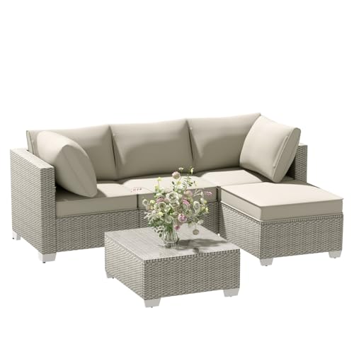 OSGMMOSG 5 Piece Outdoor Patio Furniture Set with Ottoman & Tempered Glass Table - Rattan 3-Seater Patio Sectional Furniture Couch Set, Outdoor Conversation Sofa