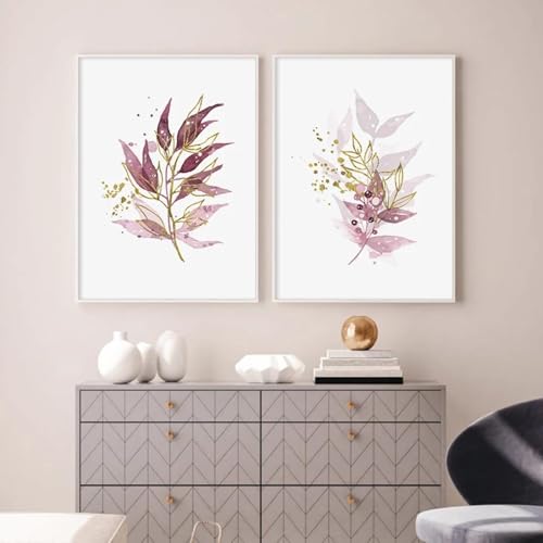 Décoration maison murale feuilles violettes dorées, lot 2 toiles 60x90cm pour grands murs