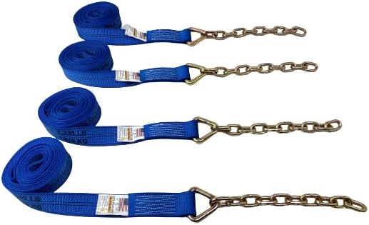 8 Point Heavy Duty Blue Diamond Weave 18' Strap Kit for Rollback/Flatbed Tie Downs with 12" Chain Tail