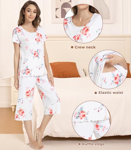 Image of NACHILA Women's Bamboo Viscose Pajama Sets Summer Cooling Short Sleeve Capri Soft Pjs Night Sweats Moisture Wicking Sleepwear