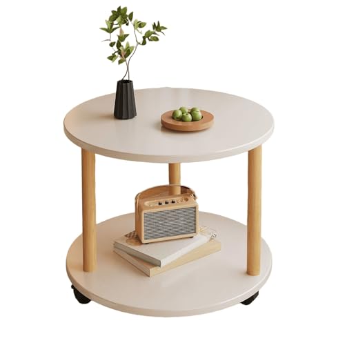 Table d'appoint ronde en bois à 2 niveaux avec roulettes