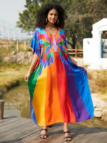 Image of IMAGEKOPE Kaftan Dresses for Women Plus Size Bathing Suit Cover up Vneck Batwing Dress Loose fit Moroccan Caftan mumu Dresses