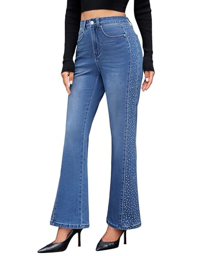 GRAPENT Flare Jeans for Women High Waisted Trendy Wide Leg Embellished Rhinestone Sparkly Concert Stretchy Denim Pants