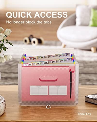 ThinkTex Accordian File Organiser, 24 Pockets Expanding File Folders, Monthly Bill Receipt Documents Organiser, Colorful Tabs, Letter/A4 Size - Pink