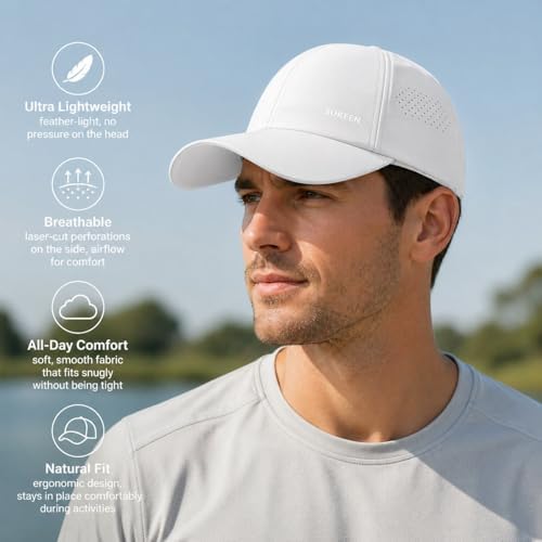 Sukeen Mens Baseball Cap - Adjustable Breathable Moisture-Wicking Hat for Golf Hiking Fishing Running Outdoor Daily-White - 5