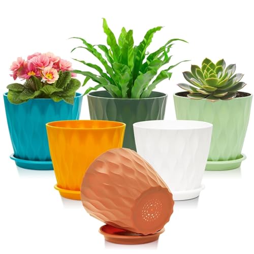 Omtofo Lot 6 de Pot de Fleur Interieur, 15.4cm Pots de Fleurs avec Soucoupe, Pot de Fleur Plastique Résistant UV, avec Trous de Drainage Multiples, pour...