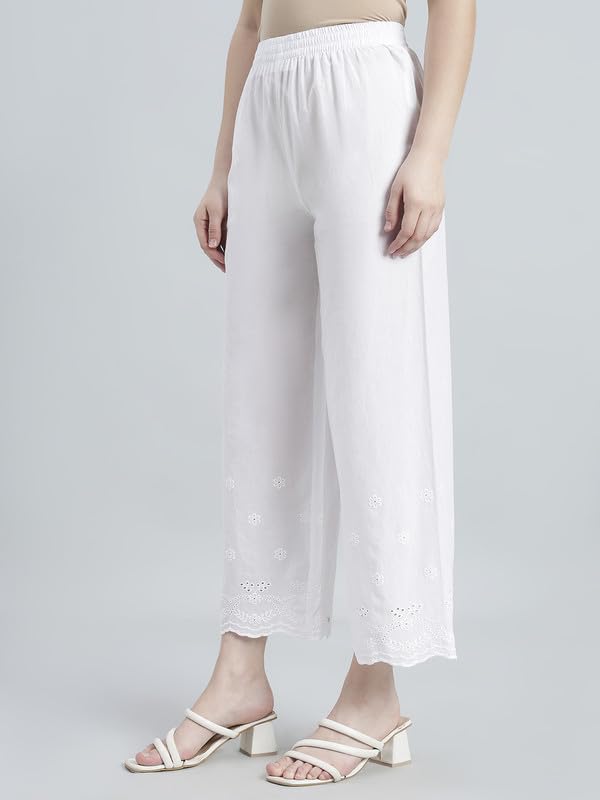 Image of GO COLORS Women Cotton Hakoba Wide Pant Ankle Length, Floral Embroidery, Relaxed Fit, Mid-Rise with Side Pocket