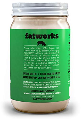Fatworks, Certified Organic Pork Lard, NON-GMO, USDA 100% Organic for Keto, Paleo Everyday Cooking and Frying, Whole30 Approved, No Preservatives in 14.4 OZ, glass jar