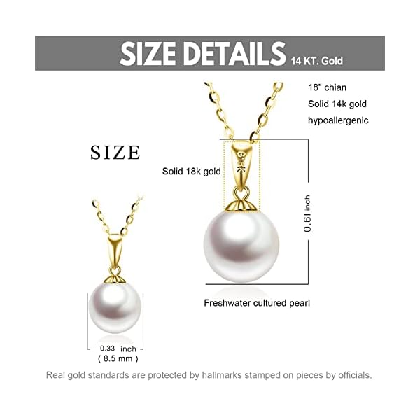 14K Gold Pearl Necklaces for Women with 18k Gold Pendant (Freshwater Cultured Pearl), Real Gold Present for Her, Jewelry Gifts for Mother Wife Girlfriend, 16"-18" - Image 4