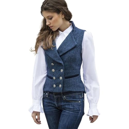 CAMDOM Chaleco de traje vintage de los años 50 para mujer, chaleco de tweed ajustado, chaleco con cuello en V, abrigo de doble botonadura con bolsillos, chaquetas sin mangas, azul marino, S