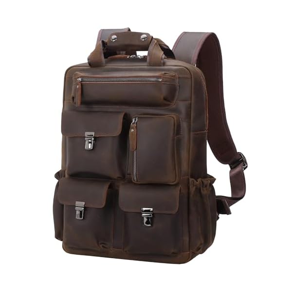 Masa Kawa Leather Backpack for Men Vintage 15.6 Inch Laptop Bag Multi Pockets Casual Work Travel Camping Daypack (deep brown)