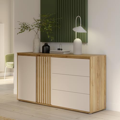 Forte ELISTON Kommode 160, modernes Sideboard mit Lamellendesign, 2-türig, 3 Schubladen, Wohn-/Schlafzimmer, Mauvella Eiche Holzdekor|Kashmir Beige, 159,3 cm breit x 84,9 cm hoch x 41,5 cm tief