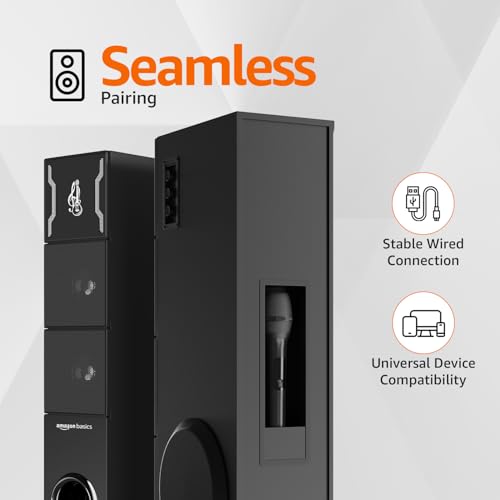 Image of Amazon Basics 2.0CH 125W Multimedia Tower Speakers with Wireless Microphone, Multi-Connectivity Option with Supporting USB, AUX, FM, Mic (Black)