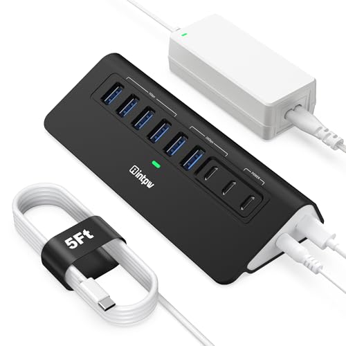 Image of Powered USB Hub 10Gbps, intpw YH6AC 9-Port USB HUB with USB A /USB C 3.2, 4 USB 3.0, 2 PD 45W Charging Port, 65W Power Adapter + 5FT Cable, Aluminum USB Hub for Laptop, PC,iPhone 17 /16