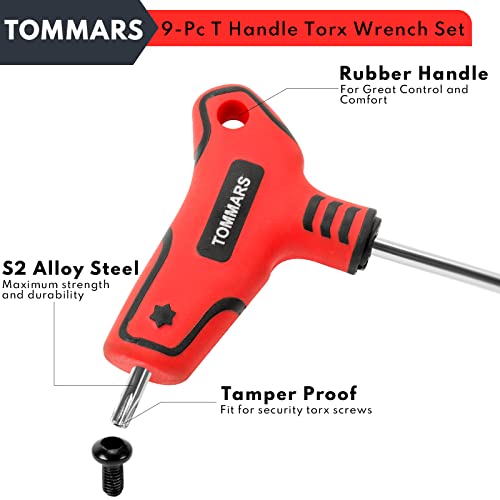 Tommars 9Pc T Handle Torx Wrench Set, S2 Steel, T10 - T50 Tamper Proof Star Key Set #TOP3