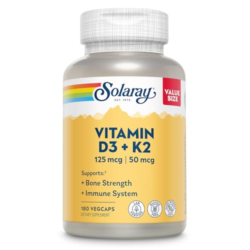 SOLARAY Vitamin D3 K2 - Bone Health and Immune Support Supplement - With 5000 IU Vitamin D as Vit D3 and 50 mcg Vitamin K2 as Menoquinone MK7, Made Without Soy, 60-Day Guarantee, 180 Serv, 180 VegCaps