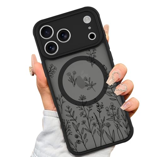 AIGOMARA Magnetic Case Made for iPhone 17 Pro Max [Compatible with MagSafe] Cute Black Flower Floral for Women Girls Soft TPU Bumper Hard PC Back Anti-Fall Shockproof Protective Slim Cover