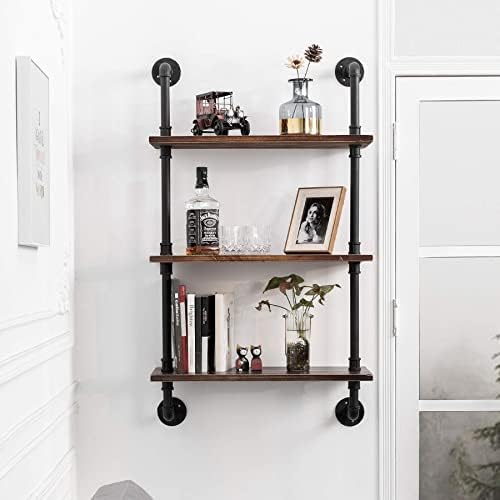 ROGMARS Industrial Pipe Wall Shelves with Wood Plank 24in Industrial Pipe Shelving Pipe Floating Wood Shelves for Bathroom and Farmhouse Metal Hung Bracket Bookshelf