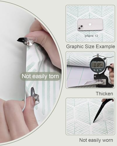 Image of MelunMer Geometric Peel and Stick Wallpaper Boho Green White 17.3''x393'' | Modern Self Adhesive Removable Wallpaper for Bedroom /Bathroom Waterproof, Contact Paper for Cabinets, Drawers Easy to Install