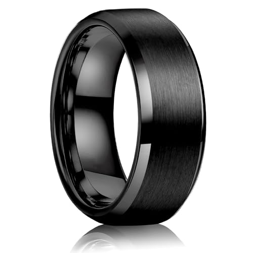 WATEFOER Anillos de Acero Inoxidable para Hombres 8MM Anillo Clásico de Boda Acabado Mate Anillos de Compromiso Biselado Borde Pulido Anillos de Promesa para Hombre Mujer Unisex (Negro, 12)
