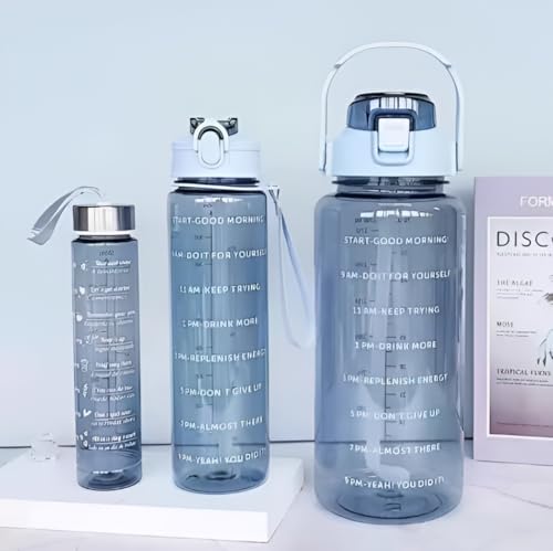 Image of Motivational Water Bottle Set | Pack of 3 | 2000ml, 900ml, 500ml | Time Marker Water Bottles with Straw | BPA Free Leakproof Sports Bottles for Gym Workout Daily Hydration Use