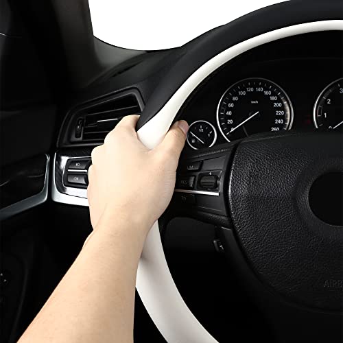 Image of Microfiber Leather 15 inch Universal Fit Car Steering Wheel Cover, Elastic Nonslip Breathable and Odorless, Black & White