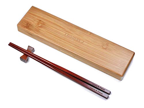1 Pair Natural Red Rosewood Chopsticks Reusable Wood Chopsticks - Custom Engraving of Personalized Names - In Classic Square Chinese Style - Christmas Gift Chopsticks Set With Rest and Bamboo Case