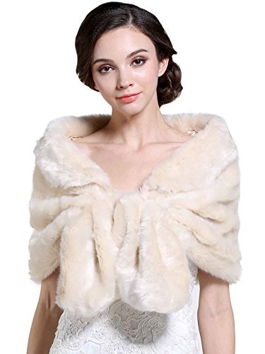Aukmla Women s Brown Faux Fur Shawl Wedding Fur Wraps and Shawls Bridal Fur Stoles Scarf with Rhinestones Brooch for Bride and Bridesmaids (Ivory, US 4-14 (S-M))
