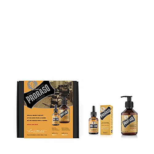 Proraso Wood and Spice Beard Care Kit for Men (Duo Pack), Luxurious Beard Care Gift Set with Beard Wash and Beard Oil, Bold Woody Fragrance with Cumin and Saffron, Made in Italy
