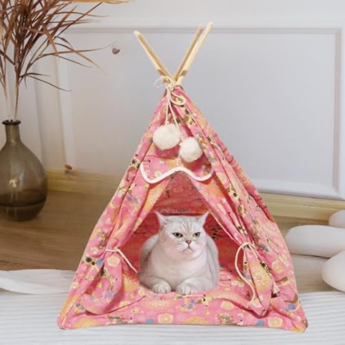 Cat Tent Dog House Teepee with Cushion Washable Indoor Outdoor Cozy Puppy Kitten Cute Bohemian Plaid Cartoon Pet House (One Size,Pink Deer)