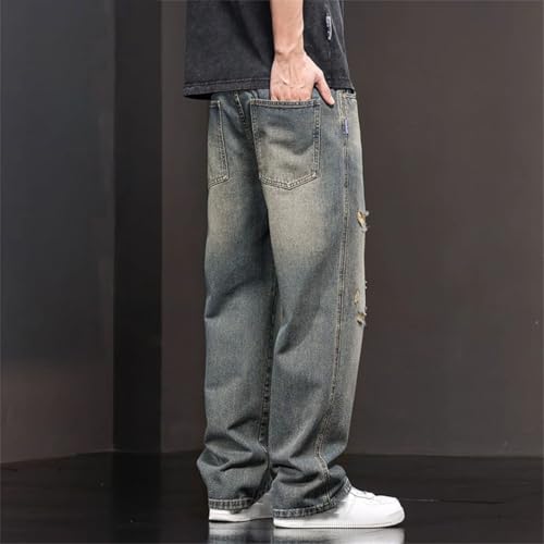 Men's Casual Long Jeans Classic Straight Denim Wide Leg Pants Solid Color Casual Trousers4