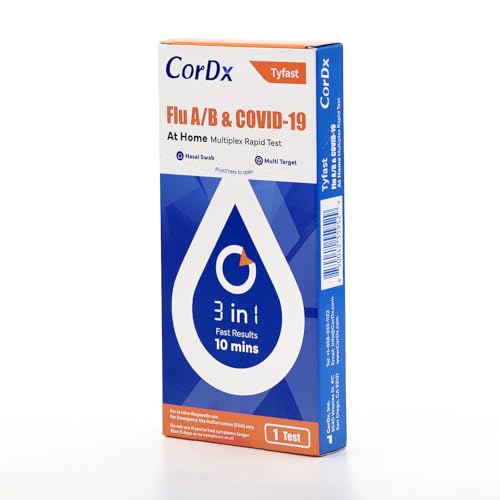 CorDx TyFast Flu A/B & Covid 19 Multiplex Rapid Test, 10 Mins at Home, FDA Authorized, 3 in 1 Combo Kit, 1 Test