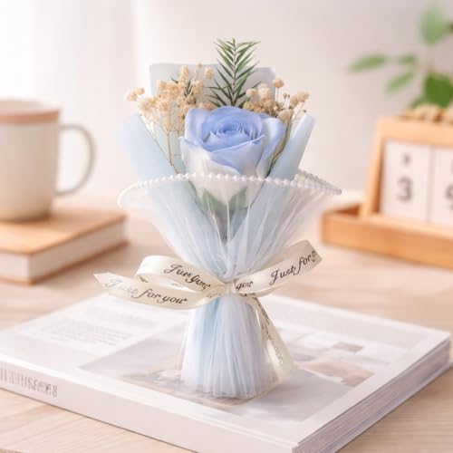 Image of Mini Artificial Rose Bouquet for Gifting, Preserved Flower with Pearl Wrap & inchJust for You inch Ribbon, Small Gift Valentine, Anniversary, for Mom, Proposal, Home Decor (Blue)