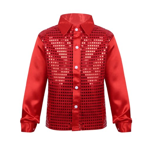 JanJean Kids Boys Sequins Long Sleeve Dance Shirt Party for Choir Hip Hop Jazz Street Disco Performance Wedding Costume Red 7-8 Years