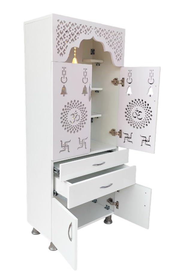 Image of Wooden Temple for Home with LED Light and Pooja chowki (Sitting Table), White Engineered Wood Pooja Mandir, 57 inch Height, Pre-Assembled