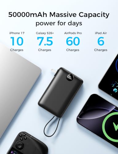 Image of Portable Charger Power Bank 50000mAh Massive Capacity with Wall Plug | Built-in USB-C & iOS Cables, 22.5W Fast Charging Battery Pack with LED Display, Travel Essential for Camping, iPhone, Samsung