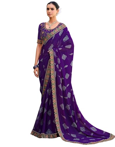 Image of SIRIL Women's Bandhani Printed Georgette Sequence Lace Scalloped Border Saree with Unstitched Blouse Piece
