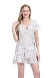BI.TENCON Women's Summer White Polka Dot Print Wrap Dresses Sexy V Neck Ruffle Short Sleeve Casual Short Dresses with Belt M