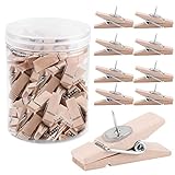 Push Pin Clips Holzklammern mit Stecknadeln, 50 Stück Stecknadeln Reißnägel Reißzwecken Holz Clips für Karten Notizen Fotos Schul Büro Handwerk