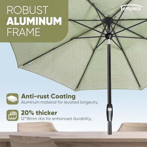 Image of Tempera 9ft Patio Market Outdoor Table Umbrella with Auto Tilt and Crank, Large Sun Umbrella with Sturdy Pole & Fade Resistant Canopy, Easy to Set, Grass